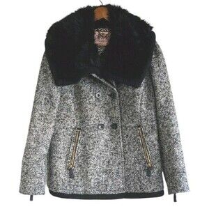 Juicy Couture Tweed Wool Jacket Women Large Black Faux Fur Removable Collar